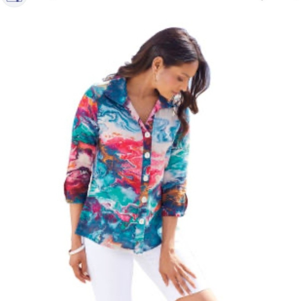 Parsley & Sage Womens Large Abstract Marble Print Cotton Gauze Button Down Shirt